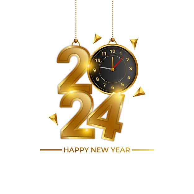 Vector 3d de lujo dorado 2024 feliz año nuevo texto con reloj de oro colgando confeti fondo banner