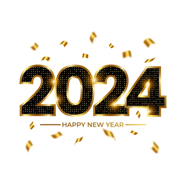 3d lujo dorado 2024 negro feliz año nuevo texto con banner de fondo de confeti