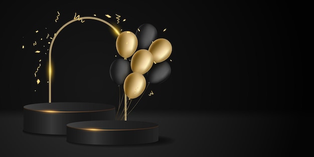 3D lujoso podio negro y dorado con confeti que cae y globos festivos voladores Pedestal con arco dorado brillante para exhibir regalo de cumpleaños Ilustración vectorial