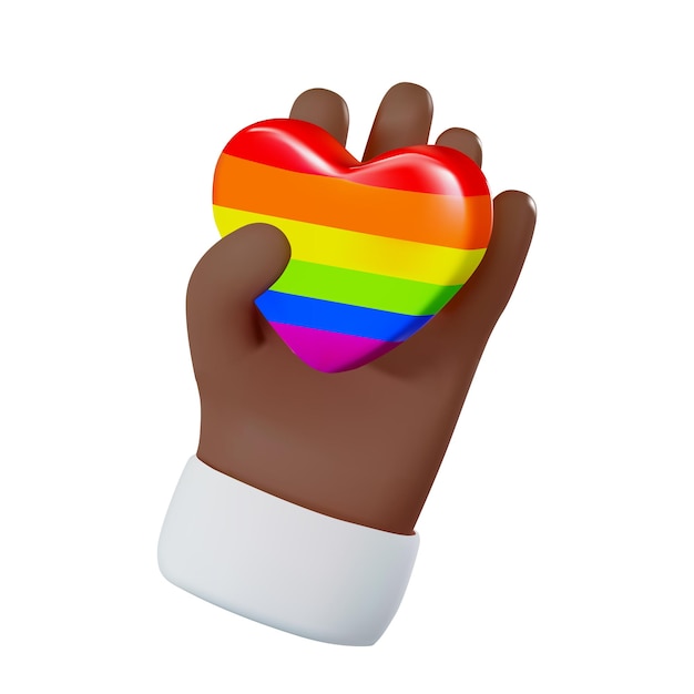 Vector 3d de una mano afroamericana sosteniendo una ilustración de vector de corazón de arco iris de comunidad lgbt