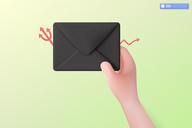 3d mano y sobre de correo negro icono símbolo Render notificación de correo electrónico con letras malas noticias traición corrupción concepto 3D vector aislado ilustración Dibujos animados pastel Estilo minimalista