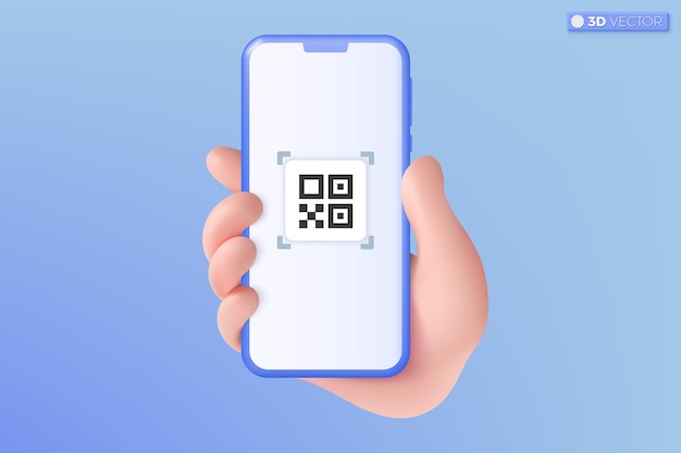 3d con la mano sosteniendo el teléfono móvil escaneando el icono del código QR Símbolo de oferta especial de compras promoción de marketing maqueta de compras en línea concepto de vector 3D ilustración aislada pastel de dibujos animados estilo minimalista