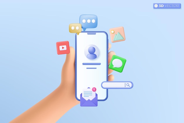 3d mano sosteniendo teléfono móvil icono de redes sociales símbolo video y galería de fotos correo electrónico burbuja de habla plantilla de mensajería instantánea concepto 3D vector ilustración aislada pastel de dibujos animados estilo minimalista