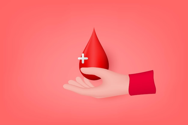 3d mano sujetando gotas de sangre concepto de donación de sangre Día Mundial del Donante de Sangre 3d ilustración vectorial