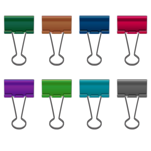 Vector 3d metal color binder clip set holder hoja de papel ilustración vectorial de clips de oficina de papelería