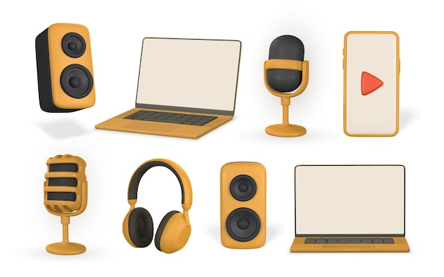 3d micrófono realista teléfono inteligente portátil auriculares y altavoz de audio en estilo de dibujos animados de plástico Ilustración vectorial