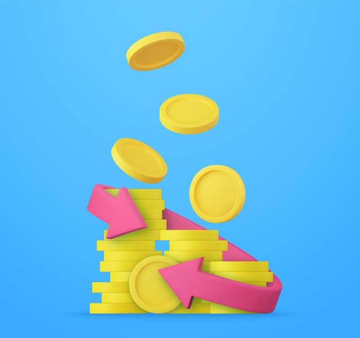 Vector 3d monedas flotantes y flechas