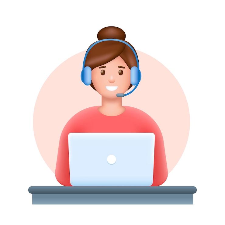 Vector 3d mujer joven sonriente con auriculares, micrófono y computadora portátil soporte de servicio al cliente o centro de llamadas