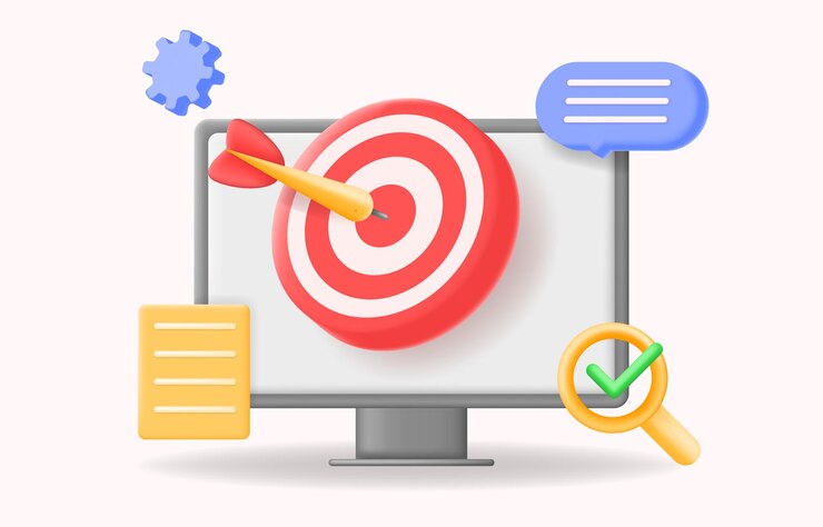 Vector 3d objetivo de marketing digital con una pantalla de computadora de objetivo de toro íconos de seo ilustración vectorial de ppc