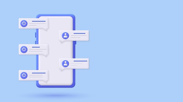 3D online chatbot app with messages Dialog help service User and bot speech messages Artificial intelligence technology concept Customer support service AI Trendy and modern vector in 3d style