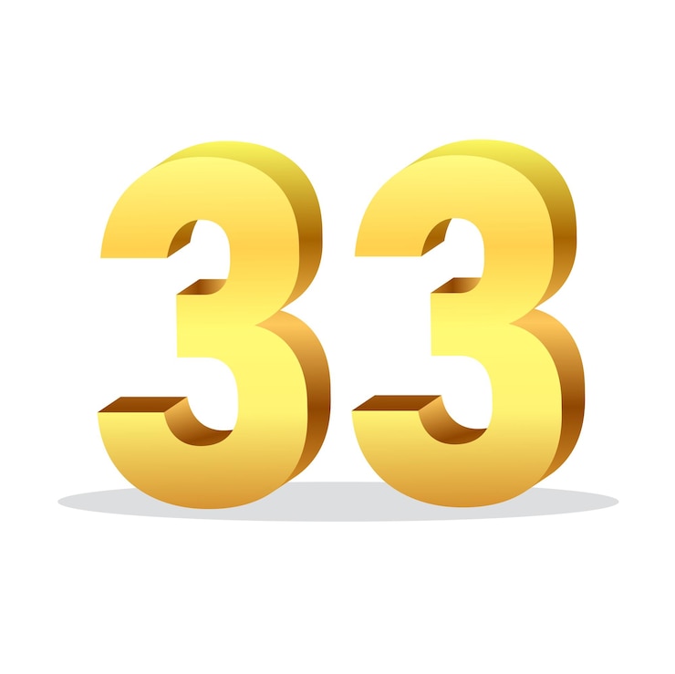 Vector 3d oro número 33 diseño vectorial aislado en fondo blanco