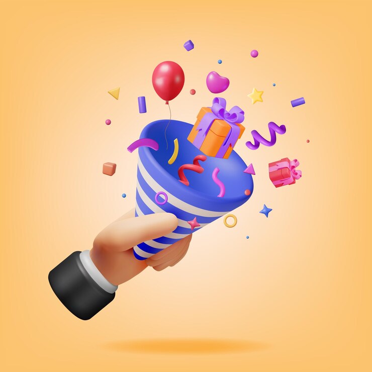 Vector 3d party popper con confeti en la mano render aislado plasticine confetti colección coloridos fuegos artificiales elementos en varias formas fiesta sorpresa de vacaciones o eventos de cumpleaños ilustración vectorial