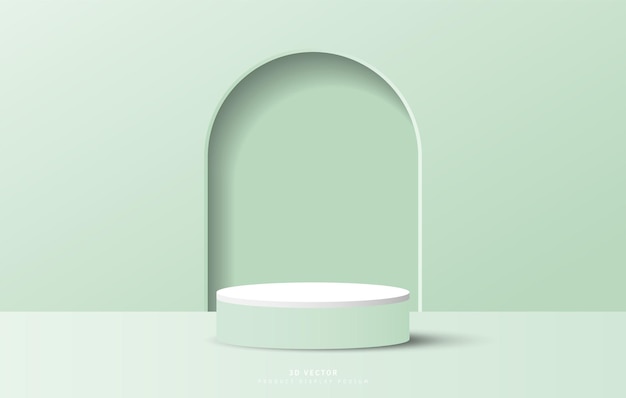 3d pedestal de podio de cilindro verde blanco o soporte de exhibición de productos con fondo en forma de puerta de arco