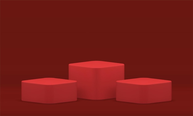 3d pedestal rojo tres cubos cuadrados plataforma para publicidad de exhibición vector de fondo de estudio premium