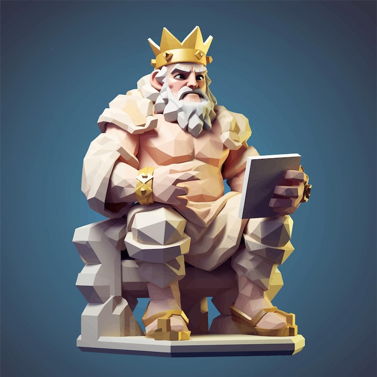 Vector 3d personaje de juego rey en el trono vector de estilo polivinílico bajo aislado en el fondo