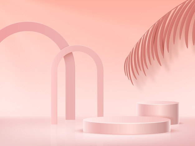 3d podio de productos de belleza rosa 3d elementos aislados y pantalla de fondo vacía escena en blanco abstracto soporte minimalista hoja de palma y arco pedestal cosmético banner vectorial realista