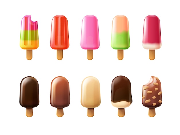 3d popsicles caramelo de hielo o helado en palo caramelos de colores jugo de frutas o crema de chocolate fresco congelado piruleta dulces de verano comida realista renderización exacta ilustración vectorial