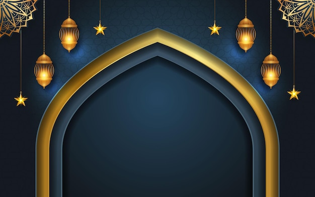 3d puerta de arco de lujo ramadán kareem tarjeta de saludos árabe islámico fondo de banner eid mubarak