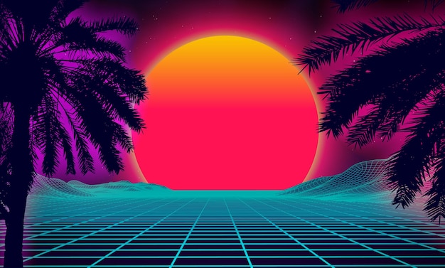 3d puesta de sol en la playa. Palmeras retro vector fondo de ciencia ficción. Superficie cibernética de paisaje digital. Fondo de fiesta de los 80.