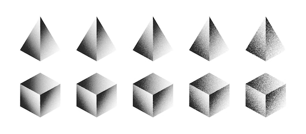 Vector 3d pyramid cube stipple vector abstract shape set aislar sobre fondo blanco