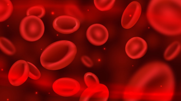 3d que fluye las células de sangre en fondo rojo.