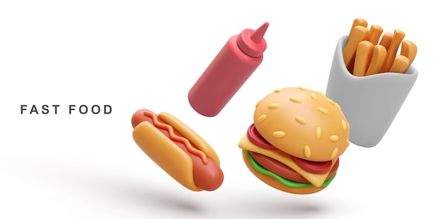 3d realista hamburguesa Hot Dog ketchup y patatas fritas sobre fondo blanco.