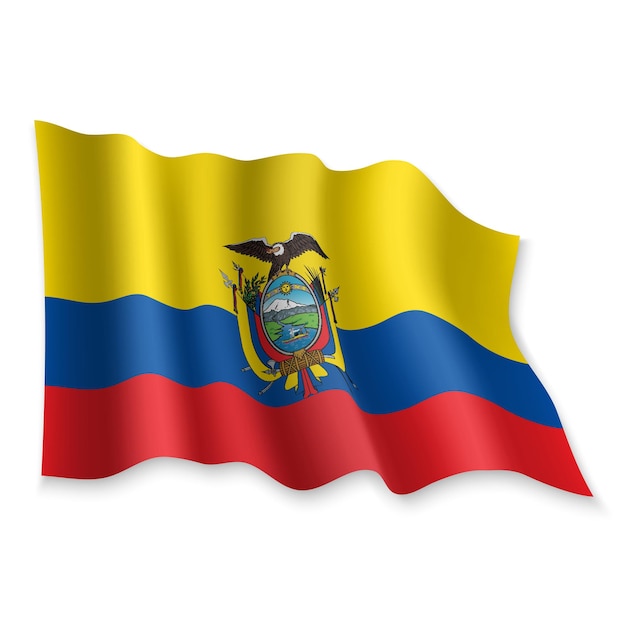 3D realista ondeando la bandera de Ecuador sobre fondo blanco.