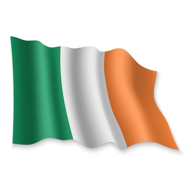 3D realista ondeando la bandera de Irlanda sobre fondo blanco.