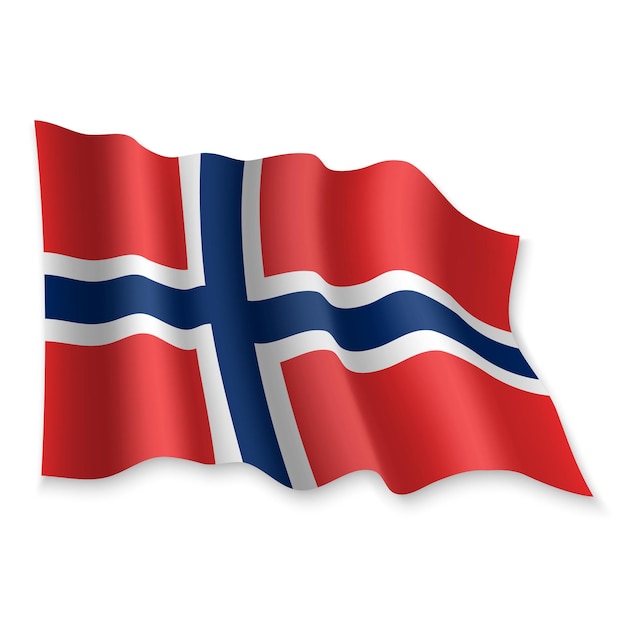 Vector 3d realista ondeando la bandera de noruega sobre fondo blanco.