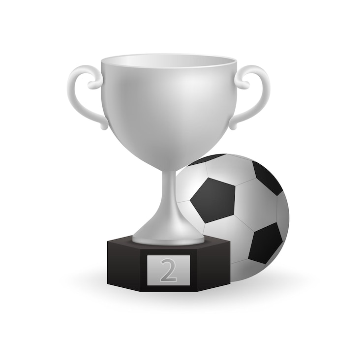Vector 3d realista de un trofeo de plata brillante en un pedestal negro con el segundo lugar de la pelota de fútbol