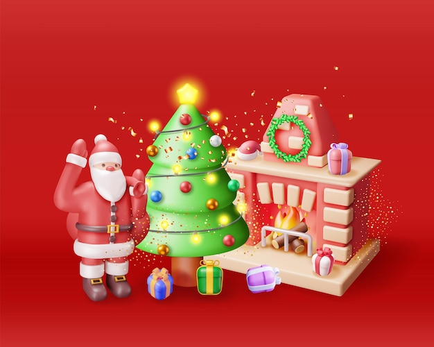 3D Red Brick New Year Fireplace and Santa Claus Render Christmas Decorated Fireplace with Socks Tree Gifts Happy New Year Christmas Holiday New Year and Xmas Celebration Ilustración vectorial