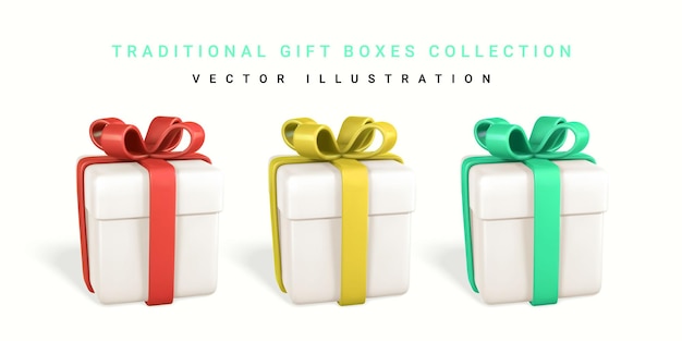 3D render caja de regalo realista con lazo Caja de papel con cinta de color y sombra aislado sobre fondo blanco Ilustración vectorial