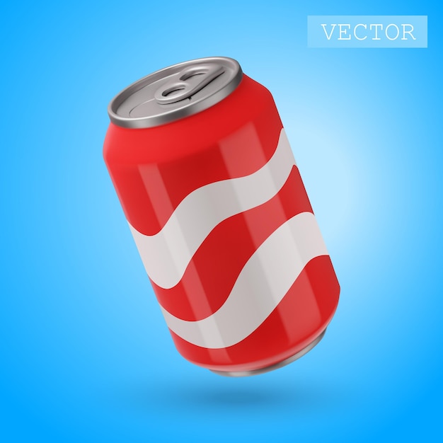 Vector 3d render de una lata roja puede beber comida rápida basura bebida poco saludable ilustración brillante en estilo de dibujos animados 3d aislado sobre un fondo blanco