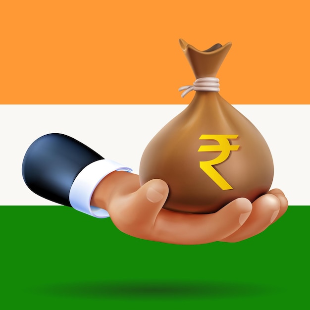 3D Render mano sosteniendo el saco de dinero de la rupia india con el vector de ilustración de recesión