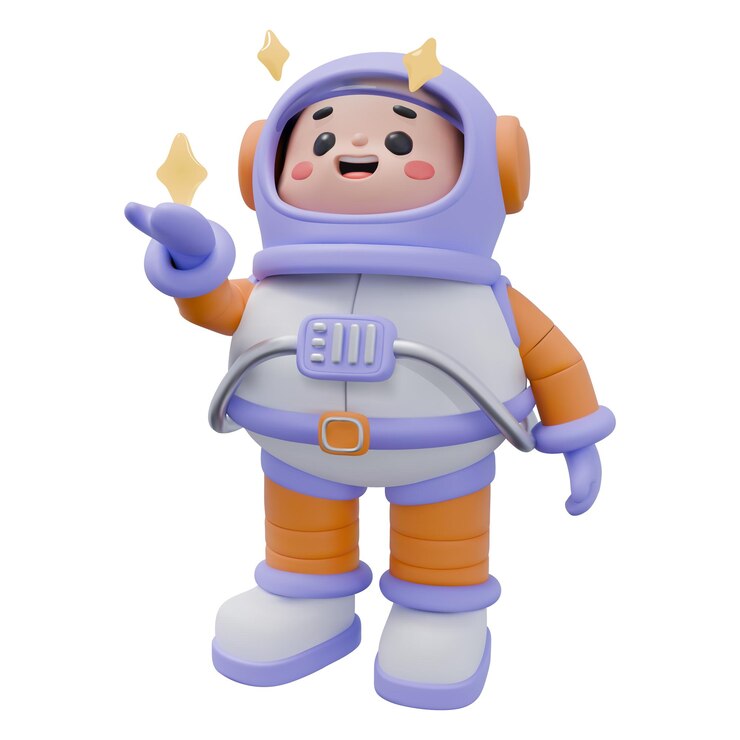 Vector 3d rendering cutio personaje de dibujos animados astronauta viendo estrellas atrapar personaje de estilo chibi