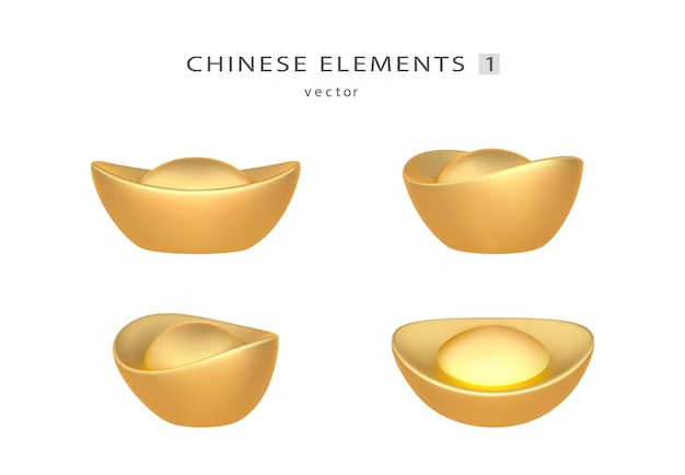 Vector 3d renderizar lingotes de oro chinos realistas desde diferentes ángulos elementos de decoración chinos para ilustración vectorial de año nuevo oriental