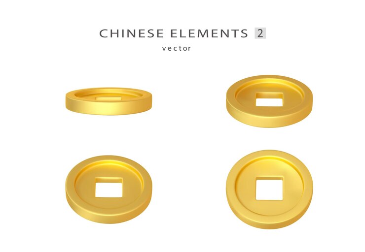 Vector 3d renderizar monedas de oro chinas realistas desde diferentes ángulos elementos de decoración china para ilustración vectorial de año nuevo oriental