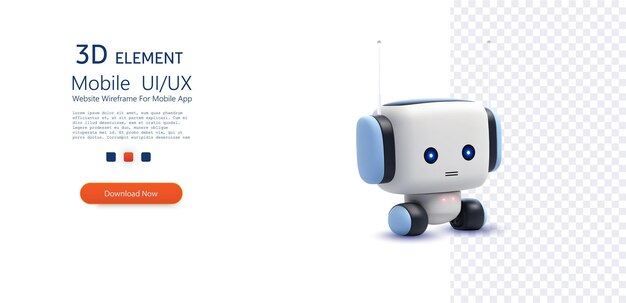 3D robot icon for mobile app website wireframe design featuring a small white robot with blue ears and antenna for user interaction with modern UI elements