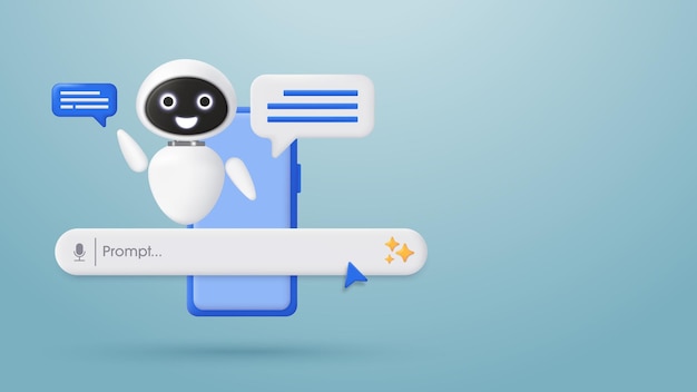 3D robotic with a message bubble and a smartphone on futuristic background Generative bar and AI assistant Artificial Intelligence Chatbot technology and support assistance Vector illustration