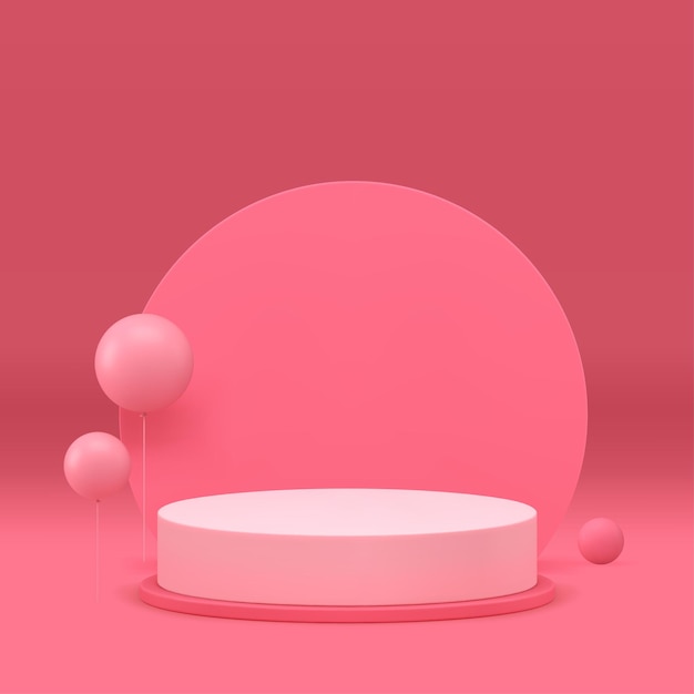 3d rosa festivo podio pedestal con globo de aire para belleza espectáculo cosmético vector realista