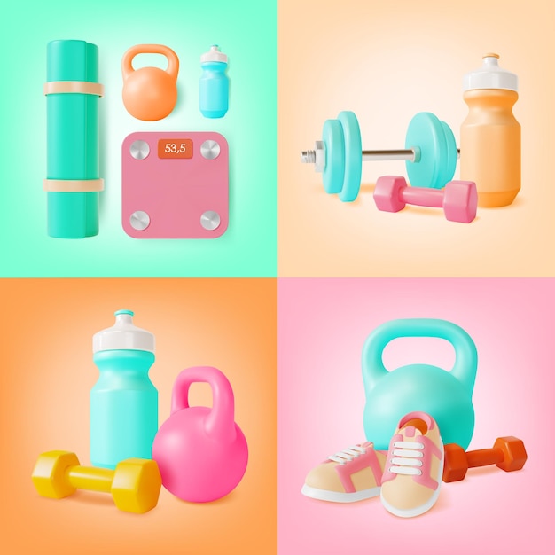 3d Salud y Fitness Concepto Estilo de dibujos animados Banner Poster Set de tarjetas Vector