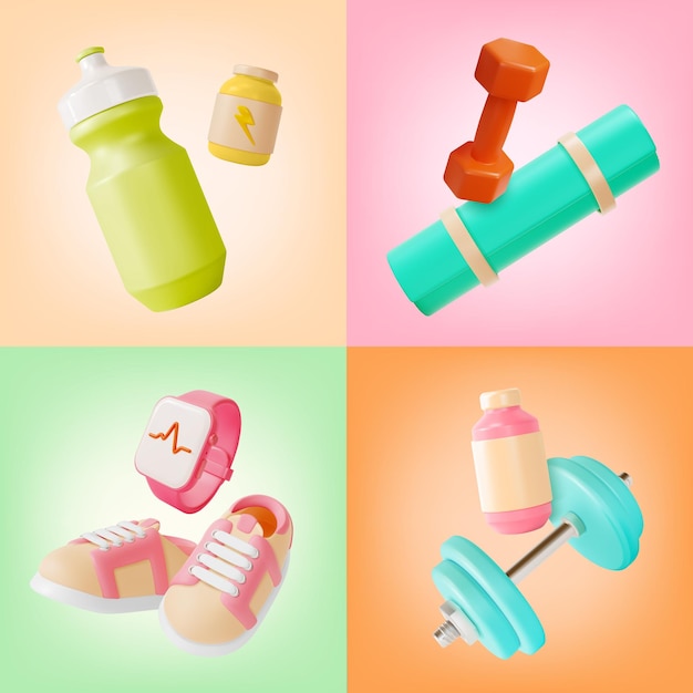 3d Salud y Fitness Concepto Estilo de dibujos animados Banner Poster Set de tarjetas Vector