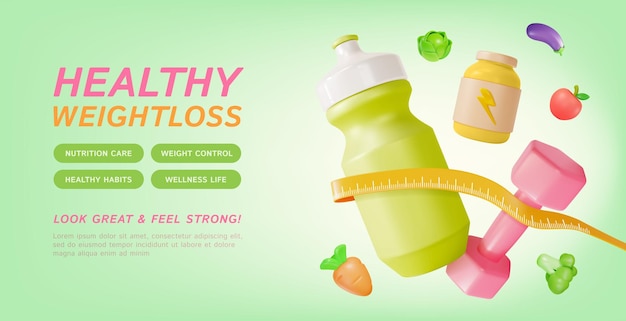 3d Saludable pérdida de peso Nutrición Cuidado y control de peso Anuncios Banner Concepto Cartel cartel Vector de estilo de dibujos animados