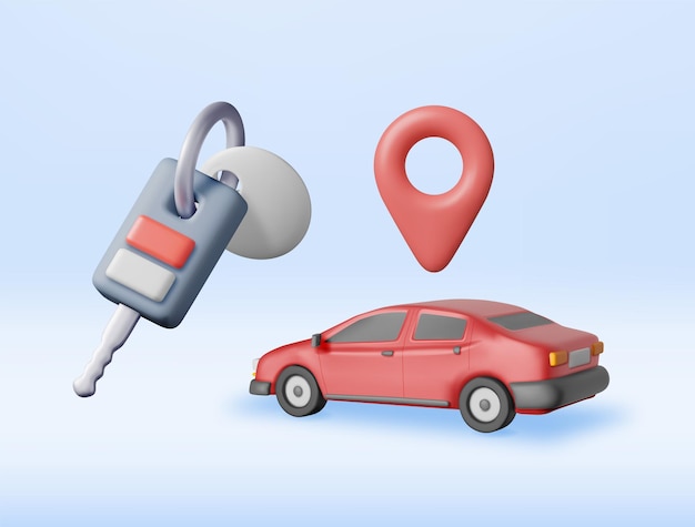 3D Sedan Car Location Pin and Keys Isolated Render Realistic Car with Remote Alarm Classic Sedan Motor Vehicle Concept of Online Car Sharing Repair Service and Delivery Vector Illustration