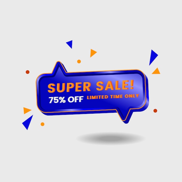3d super venta etiqueta de banner promocional con descuento de hasta 75