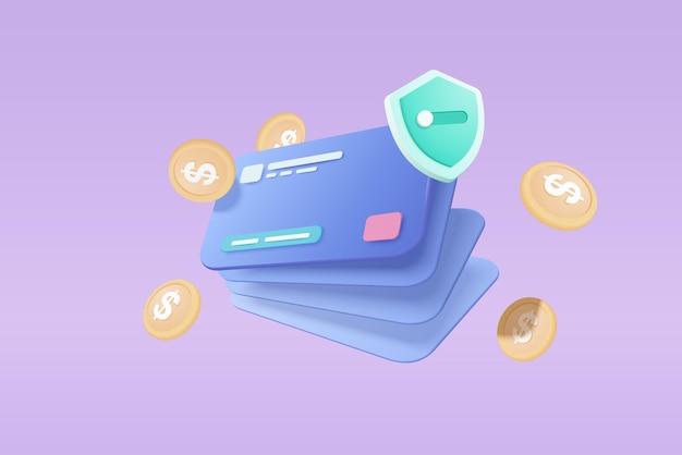 3D tarjeta de crédito dinero seguridad financiera para compras en línea pago en línea tarjeta de crédito con concepto de protección de pagos renderización 3D para finanzas empresariales compras en comercio electrónico para concepto seguro