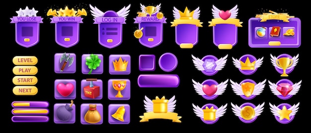 3D UI game asset set GUI button interface vector design elements mobile video app icon menu kit Golden crown winner star badge window banner frame level up border ribbon UI game prize indicator
