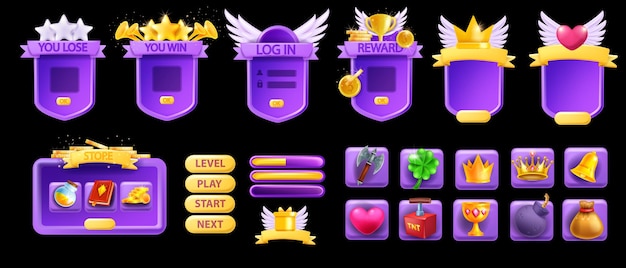 3D UI game asset set GUI button interface vector design elements mobile video app icon menu kit Golden crown winner star badge window banner frame level up border ribbon UI game prize indicator