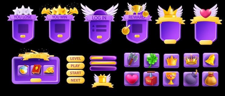 Vector 3d ui game asset set gui button interface vector design elements mobile video app icon menu kit golden crown winner star badge window banner frame level up border ribbon ui game prize indicator