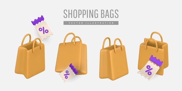 3d, vacío, bolsa de compras, bolso, en, caricatura, estilo, descuento, promoción, venta, compras, concepto, vector